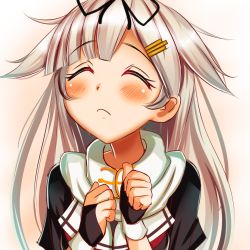 Rule 34 | 10s, 1girl, bad id, bad pixiv id, blonde hair, blush, clenched hands, closed eyes, facing viewer, fingerless gloves, gloves, gradient background, gradient hair, hair flaps, hair ornament, hair ribbon, hairclip, kantai collection, long hair, messy hair, multicolored hair, pink background, portrait, ribbon, sazamiso rx, scarf, school uniform, serafuku, short sleeves, sketch, solo, yuudachi (kancolle), yuudachi kai ni (kancolle)