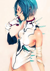 Rule 34 | 1girl, absurdres, ayanami rei, bandages, bare shoulders, blue hair, finger to mouth, highres, iwai ryou, neon genesis evangelion, plugsuit, red eyes, solo