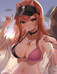 0707_una 1girl absurdres animal_ears bikini black_nails blush breasts cleavage collar highres jacket large_breasts long_hair looking_at_viewer multicolored_hair nail_polish navel nekota_tsuna orange_eyes orange_hair pink_bikini red_hair solo streaked_hair swimsuit virtual_youtuber visor_cap vspo!