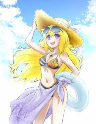 Rule 34 | 1girl, beach, bikini, blonde hair, breasts, cleavage, day, front-tie top, glasses, hat, highres, iesupa, innertube, large breasts, navel, one-hour drawing challenge, purple eyes, rwby, sarong, solo, sunglasses, swim ring, swimsuit, yang xiao long