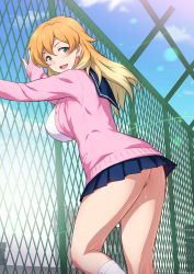 Rule 34 | 1girl, against fence, ass, blue skirt, blush, breasts, cardigan, censored, chain-link fence, day, earrings, female pubic hair, fence, green eyes, happy, highres, jewelry, jk fuuzoku gakuensai, joy ride, large breasts, legs, long hair, looking at viewer, looking back, microskirt, mosaic censoring, motion lines, multicolored hair, no panties, open mouth, original, outdoors, pink cardigan, pleated skirt, pubic hair, pussy, pussy juice, pussy juice drip, rooftop, school uniform, skirt, sky, smile, solo, standing, thighs, two-tone hair, wet