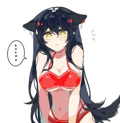 Rule 34 | ..., 1girl, animal ears, arknights, bikini, black hair, breasts, cleavage, closed mouth, ears down, flying sweatdrops, haobuguniao, highres, large breasts, long hair, looking at viewer, navel, red bikini, simple background, solo, spoken ellipsis, swimsuit, texas (arknights), upper body, white background, wolf ears, wolf girl, yellow eyes