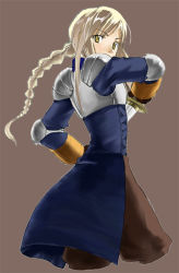 Rule 34 | 1girl, agrias oaks, armor, blonde hair, braid, braided ponytail, brown background, cropped legs, fighting stance, final fantasy, final fantasy tactics, gauntlets, holding, holding sword, holding weapon, knight, long hair, looking at viewer, ponytail, shoulder pads, simple background, single braid, solo, sword, weapon, yasohachi, yellow eyes