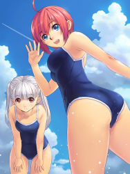 Rule 34 | 2girls, ass, blue eyes, brown eyes, cloud, competition school swimsuit, contrail, covered navel, day, hands on thighs, long hair, looking at viewer, multiple girls, one-piece swimsuit, red hair, school swimsuit, short hair, sky, smile, swimsuit, twintails, uchiu kazuma, waving, white hair