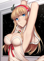 Rule 34 | 1girl, armpits, arms up, blonde hair, blue eyes, blurry, breasts, christmas wreath, cleavage, commentary request, depth of field, evelysse (star ocean), from side, hair between eyes, highres, indoors, large breasts, long hair, nagioka, no bra, o3o, sky, solo, standing, star (sky), star ocean, starry sky, wreath