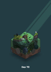 Rule 34 | absurdres, bird, boulder, cat, commentary request, diorama, fish, gozz, highres, isometric, light rays, lily pad, log, lying, moss, on stomach, original, partially submerged, sunbeam, sunlight, water