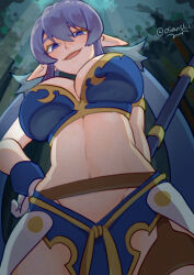 Rule 34 | 1girl, breasts, forest, gloves, judith (tales), large breasts, long hair, looking at viewer, midriff, nature, open mouth, pointy ears, polearm, purple eyes, purple hair, smile, solo, tales of (series), tales of vesperia, tree, tsubikkii ossansukii, twitter username, weapon