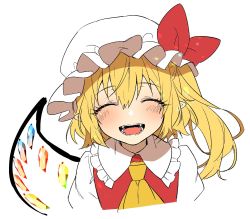Rule 34 | 1girl, ^ ^, ascot, blonde hair, bow, closed eyes, crystal, flandre scarlet, frilled shirt collar, frills, hair between eyes, hat, hat bow, highres, mise yuzuki, mob cap, open mouth, pointy ears, red bow, red vest, shirt, simple background, single wing, solo, teeth, touhou, vest, white background, white hat, white shirt, wings