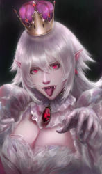 Rule 34 | 1girl, breasts, cleavage, collar, colored tongue, crown, dress, earrings, facing viewer, frilled collar, frilled dress, frills, ghost pose, gloves, jewelry, large breasts, long tongue, looking at viewer, luigi&#039;s mansion, mario (series), mini crown, nintendo, open mouth, pale skin, pointy ears, princess king boo, puffy short sleeves, puffy sleeves, purple tongue, red eyes, sharp teeth, short sleeves, super crown, teeth, tongue, tongue out, viet le quoc, white dress, white gloves, white hair