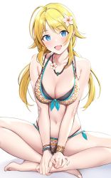 Rule 34 | 1girl, ahoge, bare shoulders, barefoot, bead bracelet, beads, bikini, blonde hair, blue eyes, blush, bracelet, breasts, cleavage, collarbone, commentary, flower, front-tie bikini top, front-tie top, hachimiya meguru, hair flower, hair ornament, highres, hiyashi mirano, idolmaster, idolmaster shiny colors, indian style, jewelry, large breasts, layered bikini, long hair, looking at viewer, low twintails, navel, necklace, open mouth, parted bangs, side-tie bikini bottom, simple background, sitting, skindentation, smile, solo, swimsuit, twintails, v arms