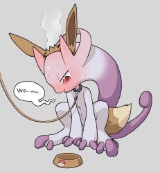 Rule 34 | 1girl, all fours, animal ears, blush, bowl, collar, cosplay, creatures (company), eevee, eevee (cosplay), eevee ears, eevee tail, embarrassed, english text, fake animal ears, fake tail, female focus, full body, game freak, gen 1 pokemon, grey background, half-closed eyes, jitome, leash, legendary pokemon, mega mewtwo y, mega pokemon, mewtwo, nintendo, open mouth, pet bowl, poke ball symbol, pokemon, pokemon (creature), prehensile hair, red eyes, simple background, solo, speech bubble, steam, tail, tosx