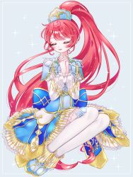 Rule 34 | 1girl, ao (ao0 0nemu), bad id, bad pixiv id, blue dress, blue footwear, closed eyes, dress, facing viewer, full body, gold trim, hands up, headdress, highres, interlocked fingers, long hair, long sleeves, open mouth, ponytail, praying, pretty series, pripara, red hair, shiratama mikan, shoes, sitting, smile, sparkle, thighhighs, very long hair, white thighhighs