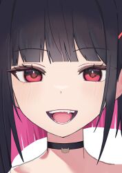 Rule 34 | 1girl, black choker, black hair, blue archive, blush, choker, close-up, colored inner hair, fang, highres, kazusa (blue archive), momocadraw, multicolored hair, open mouth, pink hair, portrait, red eyes, short hair, simple background, smile, solo, white background