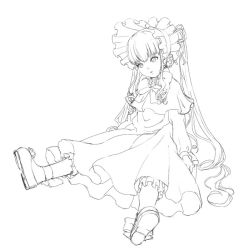 Rule 34 | 00s, 1girl, bonnet, bow, bowtie, chyko, dress, flower, frills, full body, greyscale, lineart, long sleeves, looking at viewer, monochrome, rose, rozen maiden, shinku, shoe soles, simple background, solo, white background