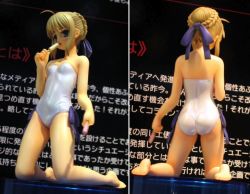 Rule 34 | 00s, 1girl, artoria pendragon (all), artoria pendragon (fate), ass, bare shoulders, barefoot, blonde hair, blush, braid, braided bun, breasts, casual one-piece swimsuit, dual wielding, fate/stay night, fate (series), figure, flat chest, food, from behind, green eyes, hair bun, hair ribbon, holding, kneeling, one-piece swimsuit, open mouth, photo (medium), popsicle, ribbon, saber (fate), school swimsuit, short hair, single hair bun, small breasts, solo, swimsuit, white one-piece swimsuit