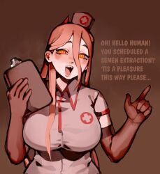 Rule 34 | 1girl, alternate costume, blush, breasts, brown background, brown hair, chainsaw man, clipboard, collared dress, cross-shaped pupils, dress, elbow gloves, gloves, hair between eyes, hat, highres, holding, holding clipboard, horns, large breasts, long hair, looking at viewer, maggoo, nurse, nurse cap, open mouth, power (chainsaw man), red horns, sharp teeth, simple background, smile, solo, symbol-shaped pupils, teeth, yellow eyes