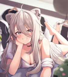 Rule 34 | 1girl, ahoge, animal ears, barefoot, black choker, blurry, blurry background, blurry foreground, blush, breasts, casual, choker, cleavage, clothes hanger, commentary, ear piercing, fangs, feet, feet up, full body, grey hair, grin, hair between eyes, hand on own chin, head rest, highres, hololive, legs, lion ears, long hair, looking at viewer, lying, medium breasts, no pants, off shoulder, official alternate costume, on stomach, piercing, shirt, shishiro botan, shishiro botan (casual), short sleeves, single bare shoulder, smile, soles, solo, ssrb (shishiro botan), suicabar72, t-shirt, the pose, toes, virtual youtuber, white shirt