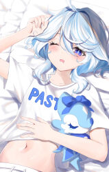 Rule 34 | 1girl, absurdres, bed sheet, blue eyes, blue hair, blush, bubbly seahorse (genshin impact), collarbone, day, dot nose, furina (genshin impact), genshin impact, hair between eyes, highres, indoors, long hair, looking at viewer, lying, multicolored hair, navel, on back, on bed, one eye closed, open mouth, pillow, rinmel9, shirt, short sleeves, t-shirt, waking up, white hair