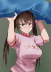 Rule 34 | 1girl, :3, breasts, brown eyes, brown hair, chestnut mouth, clothes writing, highres, i am boss, large breasts, long hair, maydrawfag, minami-ke, minami kana, aged up, pillow, shirt, solo, t-shirt, twintails