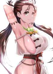 Rule 34 | 1girl, armpits, arms behind head, arms up, bare shoulders, body markings, breasts, brown eyes, brown hair, collarbone, dress, facial mark, fate/grand order, fate (series), forehead mark, highres, himiko (fate), himiko (first ascension) (fate), jewelry, large breasts, long hair, looking at viewer, magatama, magatama necklace, necklace, no bra, no panties, sash, shiny skin, side slit, sideboob, simple background, smile, topknot, twintails, uenoryoma, white background, white dress