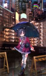 Rule 34 | 1girl, absurdres, apartment, black hair, building, burn scar, choker, dress, earrings, female focus, fishnets, frills, goth fashion, gothic, gothic lolita, hair ornament, hairclip, heterochromia, highres, holding, holding umbrella, jewelry, leg tattoo, lolita fashion, looking at viewer, open mouth, original, outdoors, parasol, pentagram, red eyes, reflection, scar, scar on face, solo, spiked anklet, tattoo, thighhighs, tokikosann, umbrella, white thighhighs, yellow eyes