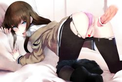Rule 34 | 1girl, 5pb., :d, all fours, anus, ass, black pantyhose, blue eyes, brown hair, censored, clothes pull, clothing aside, from behind, heart, heart censor, heavy breathing, hetero, hews, jacket, pantyhose under shorts, long hair, looking at viewer, looking back, makise kurisu, nitroplus, off shoulder, open mouth, panties, panties aside, pantyhose, pantyhose under shorts, parted lips, penis, pillow, pillow grab, pink panties, precum, pussy, science adventure, short shorts, shorts, smile, solo focus, steins;gate, tongue, tongue out, top-down bottom-up, torn clothes, torn legwear, underwear