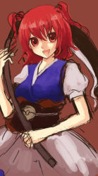 Rule 34 | 1girl, female focus, monmon, onozuka komachi, red eyes, red hair, scythe, short hair, solo, touhou, twintails, two side up