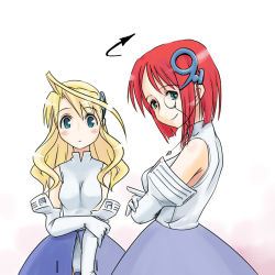 Rule 34 | 2girls, ahoge, blonde hair, blush stickers, broccoli (company), cosplay, forte stollen, from side, galaxy angel, gauntlets, looking at viewer, looking back, monocle, monocle chain, multiple girls, os-tan, os9, os9 (cosplay), red hair, simple background, ugai yuichi, white background