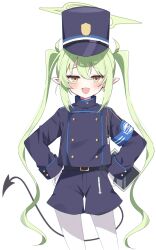Rule 34 | 1girl, belt, black belt, black hat, black shirt, black shorts, black tail, blue archive, blush, cowboy shot, demon tail, earrings, fang, green hair, green halo, hair between eyes, halo, hat, highres, jewelry, long hair, long sleeves, murase48, nozomi (blue archive), open mouth, pantyhose, peaked cap, pointy ears, shirt, shorts, simple background, single earring, skin fang, smile, solo, tail, twintails, white background, white pantyhose, yellow eyes