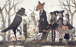 Rule 34 | 4girls, animal, ankle boots, autumn, autumn leaves, bare tree, bird, black dress, blindfold, blonde hair, book, boots, bow, bowtie, broom, brown hair, clothed animal, coat, cross, crow, dress, forest, formal, fox, from side, furry, furry female, grass, halloween, hat, holding, holding book, holding broom, holding cross, lantern, lizard, long hair, long sleeves, looking at another, multiple girls, muted color, nature, neck ribbon, original, outdoors, pantyhose, profile, pumpkin, rabbit, ribbon, sepia, short sleeves, standing, striped legwear, tono (rt0no), tree, white dress, witch hat