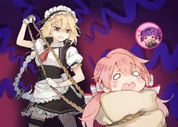 Rule 34 | 3girls, = =, aged down, angry, apron, arm up, blonde hair, blue eyes, breasts, carcano m1891 (girls&#039; frontline), carcano m91/38 (girls&#039; frontline), chibi, commentary request, doughnut, eating, food, g36 (girls&#039; frontline), girls&#039; frontline, gloves, heart, imoko (imonatsuki), long braid, long hair, low twintails, maid headdress, multiple girls, necktie, open mouth, pink hair, popcorn, purple hair, rope, shaded face, tears, twintails, white gloves