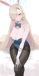 Rule 34 | 1girl, 92abe1, animal ears, asuna (blue archive), asuna (bunny) (blue archive), black pantyhose, blonde hair, blue archive, blue bow, blue bowtie, blue eyes, blue leotard, bow, bowtie, breasts, cleavage, detached collar, fake animal ears, gloves, hair over one eye, halo, highleg, highleg leotard, highres, large breasts, leotard, long hair, looking at viewer, mole, official alternate costume, pantyhose, playboy bunny, rabbit ears, sitting, solo, strapless, strapless leotard, thighband pantyhose, traditional bowtie, white gloves