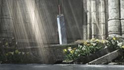 Rule 34 | 00s, 1990s (style), buster sword, final fantasy, final fantasy vii, final fantasy vii advent children, flower, highres, no humans, retro artstyle, scenery, screencap, sunlight, sword, wallpaper, water, weapon