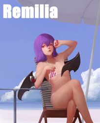Rule 34 | 1girl, bikini, character name, cloud, crossed legs, cup, day, drinking glass, fangs, lipstick, makeup, nail polish, purple hair, red eyes, remilia scarlet, short hair, sky, slit pupils, solo, striped bikini, striped clothes, swimsuit, touhou, wen90092, wine glass