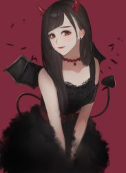Rule 34 | 1girl, absurdres, bamme o3o, bare shoulders, black dress, breasts, brown hair, choker, collarbone, commentary request, copyright request, demon girl, demon horns, demon tail, dress, earrings, frills, fur trim, highres, horns, jewelry, long hair, looking at viewer, medium breasts, real life, red background, red choker, simple background, sleeveless, sleeveless dress, smile, solo, tail, v arms, wings
