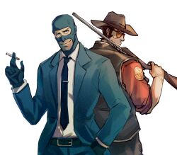 Rule 34 | 2boys, back-to-back, balaclava, beard stubble, belt, belt buckle, black-framed eyewear, black belt, blu spy (tf2), blue eyes, blue gloves, blue jacket, blue mask, blue necktie, blue pants, brown eyes, brown hair, brown headwear, brown pants, brown vest, buckle, chin, chinese commentary, cigarette, closed mouth, coattails, collared shirt, collared vest, commentary request, cowboy hat, crosshair, facial hair, formal, gloves, gun, hand in pocket, hat, highres, holding, holding cigarette, holding gun, holding weapon, jacket, layered sleeves, long sleeves, looking at another, looking at viewer, male focus, multiple boys, necktie, open clothes, open jacket, orange-tinted eyewear, pants, red shirt, red sniper (tf2), sdz (inazuma), shirt, short hair, shotgun, sleeves rolled up, smirk, sniper (tf2), spy (tf2), stubble, suit, sunglasses, team fortress 2, tinted eyewear, triangular eyewear, upper body, v-shaped eyebrows, vest, weapon, white background, white shirt, wrinkled skin