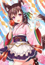 Rule 34 | 1girl, :d, animal ear fluff, animal ears, apple, blush, brown hair, commentary request, flower, food, fruit, hair flower, hair ornament, hairclip, highres, japanese clothes, long hair, looking at viewer, maid, obi, open mouth, original, pink eyes, platform footwear, sakura ani, sash, smile, solo, tail, tassel, wa maid, wide sleeves, x hair ornament