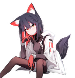 Rule 34 | 1girl, absurdres, animal ear fluff, animal ears, arknights, beudelb, black gloves, black hair, black pantyhose, black shirt, cigarette, commentary, feet out of frame, female focus, fur-trimmed hood, fur trim, gloves, highres, holding, holding cigarette, hood, hood down, jacket, korean commentary, long hair, long sleeves, looking at viewer, multicolored hair, official alternate costume, open clothes, open jacket, pantyhose, red gloves, red hair, shirt, shorts, simple background, sitting, solo, tail, texas (arknights), texas (winter messenger) (arknights), two-tone gloves, two-tone hair, white background, white jacket, white shorts, wolf ears, wolf girl, wolf tail, yellow eyes