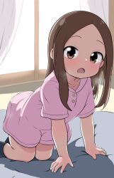 Rule 34 | 1girl, aged down, all fours, artist request, backstreetgirl, bed, black socks, blush, breath, brown eyes, brown hair, buttons, child, collarbone, dot nose, dress, dress shirt, ears, feet out of frame, female focus, flat chest, highres, indoors, karakai jouzu no takagi-san, long hair, looking at viewer, matching hair/eyes, neck, no shoes, on bed, open mouth, pajamas, pink dress, shadow, shirt, short sleeves, sidelocks, socks, solo, steam, takagi-san, thighs, window