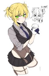 Rule 34 | &gt; &lt;, 1girl, bandages, blonde hair, blue gloves, blue neckwear, blush, braid, breast hold, breasts, coffee, collared shirt, corset, crossed arms, cup, french braid, girls&#039; frontline, gloves, green eyes, hair between eyes, highres, holding, holding cup, holster, korean text, large breasts, looking at viewer, multiple views, ndgd, necktie, pinstripe pattern, pinstripe vest, shirt, short hair, short twintails, simple background, sleeves rolled up, striped clothes, striped vest, tears, thigh strap, thighs, tongue, tongue out, translated, twintails, two side up, vest, welrod mkii (girls&#039; frontline), white background