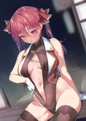 Rule 34 | 1girl, absurdres, bare arms, blurry, blurry background, blush, breasts, breasts apart, brown leotard, brown thighhighs, clothing cutout, cutting clothes, gloves, hair between eyes, hair ribbon, highres, hololive, houshou marine, jacket, koubou (cowbow kun), large breasts, leotard, long hair, looking at viewer, navel, open clothes, open jacket, parted lips, red eyes, red hair, red jacket, red ribbon, ribbon, sitting, sleeveless, sleeveless jacket, solo, sweat, thighhighs, twintails, virtual youtuber, white gloves, yellow eyes