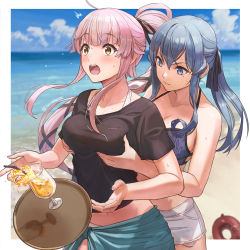 Rule 34 | 2girls, beach, bikini, black shirt, blue bikini, blue eyes, blue hair, blunt bangs, blush, border, grabbing another&#039;s breast, breasts, cleavage, closed mouth, cloud, commentary request, cup, day, drinking straw, dropping, enemy lifebuoy (kancolle), gotland (kancolle), grabbing, grabbing from behind, hair between eyes, hair ribbon, halterneck, highres, kantai collection, large breasts, long hair, mole, mole under eye, multiple girls, open mouth, outdoors, outside border, pink hair, ponytail, resolution mismatch, ribbon, sarong, shirt, short sleeves, shorts, sidelocks, sky, source smaller, surprised, sweat, swimsuit, tantaka, tray, twitter username, white border, white shorts, yellow eyes, yura (kancolle)