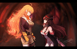 Rule 34 | 2girls, absurdres, ahoge, belt buckle, blonde hair, bomber jacket, bowler hat, breasts, brown hair, buckle, cleavage, clenched hands, commentary, confrontation, cropped jacket, english commentary, faceoff, fiery hair, fingerless gloves, fur collar, gloves, hat, height difference, highres, holding, holding umbrella, jacket, large breasts, leaning forward, letterboxed, long hair, mechanical arms, medium breasts, moddedjoker, multicolored hair, multiple girls, navel, neo politan, orange scarf, pants, pink hair, prosthesis, prosthetic arm, red eyes, rwby, scarf, shorts, signature, single mechanical arm, smirk, suspenders, thigh strap, two-tone hair, umbrella, yang xiao long