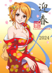 Rule 34 | 1girl, 2024, artist logo, artist name, breasts, brown eyes, covered erect nipples, english text, female focus, highres, japanese clothes, japanese text, kimono, large breasts, long hair, nami (one piece), one piece, orange couture, orange hair, ponytail, rider (orange couture), smile, text focus, translation request