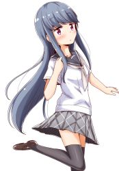 Rule 34 | 1girl, aikawa ryou, black thighhighs, blue hair, brown footwear, expressionless, grey neckerchief, grey skirt, highres, loafers, long hair, looking at viewer, neckerchief, outstretched arm, plaid, plaid skirt, pleated skirt, purple eyes, sailor collar, school uniform, serafuku, shima rin, shirt, shoes, short sleeves, simple background, skirt, solo, standing, standing on one leg, thighhighs, white background, white shirt, yurucamp