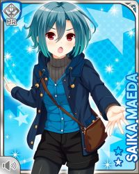 Rule 34 | 1girl, blue background, blue jacket, card, character name, drawstring, girlfriend (kari), jacket, leggings, maeda saika, official art, open hand, open mouth, pointing, handbag, qp:flapper, shorts, smile, solo, sparkle, strap, sweater, tagme, v-shaped eyebrows, vest, winter clothes