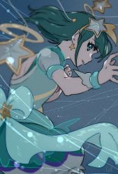 Rule 34 | 1girl, back bow, blue bow, blue eyes, blurry, blurry foreground, bow, cure milky, earrings, floating hair, from side, green hair, grey background, hagoromo lala, hair ornament, hairband, highres, jewelry, long hair, parted lips, precure, profile, see-through, shipu (gassyumaron), short sleeves, shoulder blades, solo, star (symbol), star earrings, star hair ornament, star twinkle precure, wrist cuffs, yellow hairband