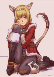 Rule 34 | 00s, 1girl, animal ears, bad id, bad pixiv id, blonde hair, blue eyes, boots, branch (blackrabbits), capelet, christmas, female focus, final fantasy, final fantasy xi, mithra (ff11), pantyhose, santa costume, short hair, smile, solo, tail