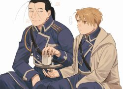 Rule 34 | ..., 1boy, 1girl, aged down, aiguillette, amestris military uniform, bags under eyes, belt, blonde hair, blue eyes, blue jacket, blue pants, coat, commentary, cup, earrings, english commentary, exhausted, fullmetal alchemist, giving, grey coat, hair between eyes, hair pulled back, hand up, holding, holding cup, hood, hood down, hooded coat, jacket, jewelry, long sleeves, looking at another, military uniform, mug, orange eyes, outstretched hand, pants, ponytail, raicchi (raicchi96), riza hawkeye, short hair, side-by-side, sideways glance, simple background, smile, solf j. kimblee, spoken ellipsis, star (symbol), stud earrings, sweat, uniform, white background