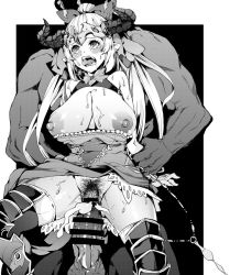 Rule 34 | 1boy, 1girl, azukiko, blush, breasts, censored, cum, cum in pussy, eyebrows, granblue fantasy, hetero, horns, long hair, looking away, monochrome, nipples, open mouth, penis, pointy ears, pubic hair, pussy, sex, simple background, spread legs, sweat, tears, tongue